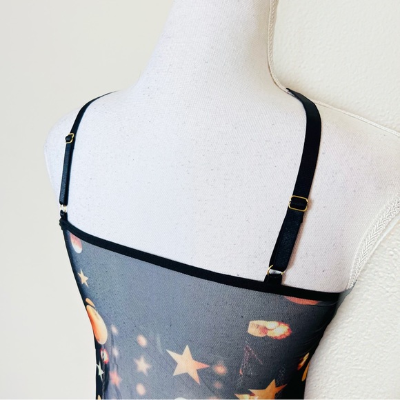 NWT Black Moon Star Chain Pattern Lace Up Mesh Strappy Rave Lingerie Bodysuit - Picture 5 of 11